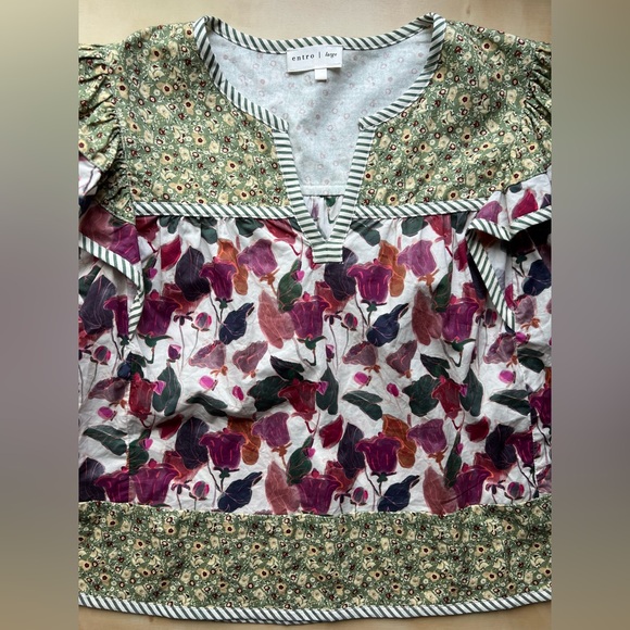 Entro Mixed Floral Stripe Patchwork Ruffle Blouse in Plum/Olive - Picture 4 of 8